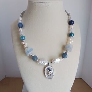 Elegant Freshwater Pearl, Kyanite/Agate Beaded Necklace